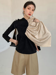 Hollow Strapless Stylish Stitching Pleated T-shirt