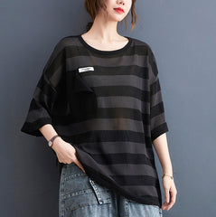 Women Round Neck Pocket Striped Short Sleeve T-Shirt
