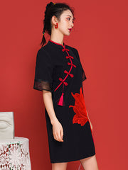 Koi Embroidery A-Line Cheongsam Mini Dress