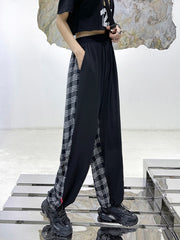 Simple Solid Plaid Stitching Loose Pants