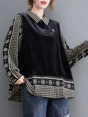 Large Size Loose Fake Two-Piece Plaid Bat Sleeve Top