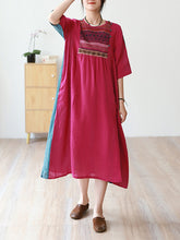 Retro Color Blocking Embroidery Midi Dress