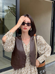 Retro Sleeveless V-Neck Pu Waistcoat