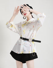 Women Lapel Printed Casual Loose Shirt