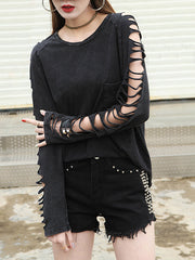 Women Solid Color Tassel Hollow Personality T-Shirt