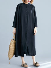 Simple Solid Color Cardigan Shirt Midi Dress