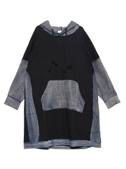 Women Loose Denim Stitching Hooded Midi Dress