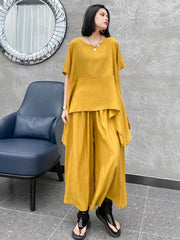 Urban Solid Round-Neck T-Shirt&Wide Leg Pants Suits