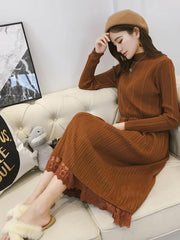 Lace Split-joint Drawstring Base Knitting Midi Dress
