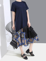 Splicing Cropped Floral Round Neck Dress