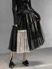 Women Lace Contrast Color Mesh High Waist Fairy Skirt