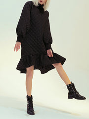 Retro Modern Style High Neck Diamond Quilted Loose Cotton Dress Fishtail Skirt Dress
