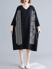Loose Vintage Print V-Neck Dress