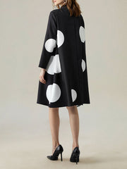 Long Sleeves Loose Asymmetric Buttoned Polka-Dot Tied Mock Neck Midi Dresses