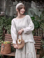 Lantern Sleeve Solid Loose Round Neck T-Shirt