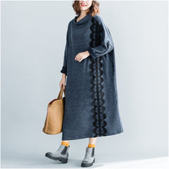 Half High Neck Lace Stitching Cotton Midi Dress