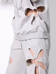 Solid Color Hooded Short Sleeve Sweatshirt Hollow Hole Pants Suit