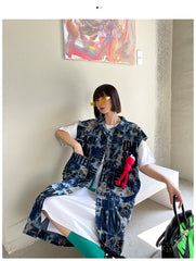 Women Lapel Tie Dye Printed Casual Vest