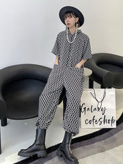 Black&White Plaid Casual Straight-Leg Jumpsuits