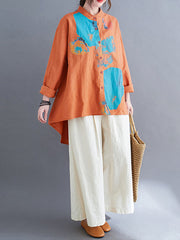 Printed Long Sleeves Loose Stand Collae Blouse