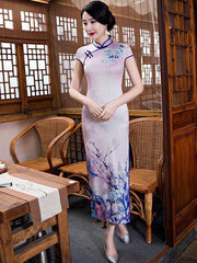 Vintage Purple Print Stand Collar Long Cheongsam Dress