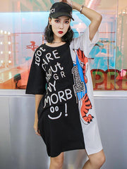 Loose Contrast Color Lettered Beaded Round Neck T-Shirt Dress