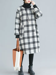 Women Retro Plaid Color Block High Neck Dress