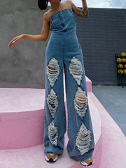 Stylish High-waisted Straight Wide Leg Jeans Jumpsuit