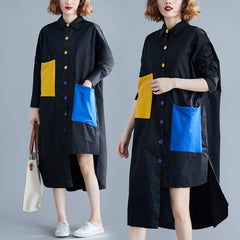 Irregular Contrast Color Shirt With Large Pockets