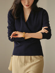 Women V-Neck Solid Color Casual Loose Bottoming Shirt