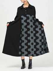 Polka-Dot Lapel Loose Midi Dress