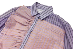 Women Pleated Ruffled Vertical Stripes Shirt