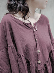 Simple Purple Solid Color Ramie Cotton Long Dress