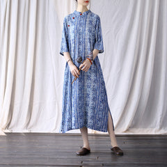 Retro Geometric Printd Stand Collar Cheongsam Midi Dress