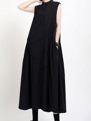 Solid Color Round Neck Pleated Slim Sleeveless Dress