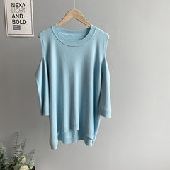 Loose Round Neck Solid Knitted T-Shirt