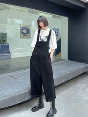 Casual Solid Black Denim Wide Leg Jumpsuit