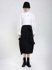 Women Stand Collar Solid Color Ruffle Shirt