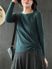 Women Round Neck Pullover Lace Up Sweater