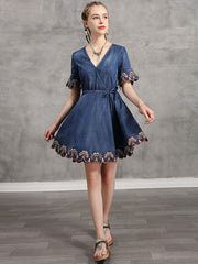 Original Applique V-Neck Denim Dress
