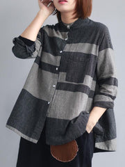 Loose Cropped Plaid Stand Collar Shirt