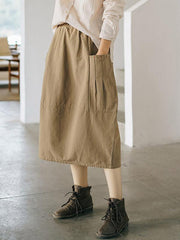 Solid Casual Cotton Pocket Skirt