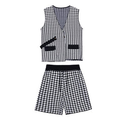 Women Plaid Knitted Waistcoat Shorts Two Piece Suit