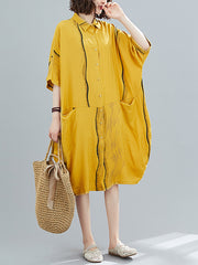 Lapel Loose Print Plus Size Shirt Midi Dress