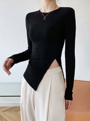 Round Neck Solid Long Sleeves Knitted T-Shirt