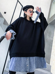 Loose False Two Jean Splicing Round Neck Sweatshirt