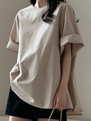 Round Neck Solid Color Stitching Pullover T-Shirt