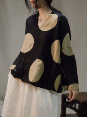 Linen Polka-Dot V-neck Long Sleeves T-shirt