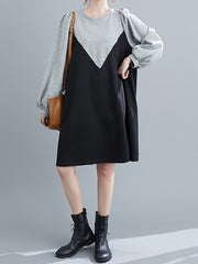 Large Size Slim Black And Gray Midi Dress