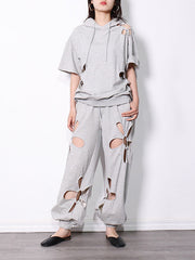 Solid Color Hooded Short Sleeve Sweatshirt Hollow Hole Pants Suit